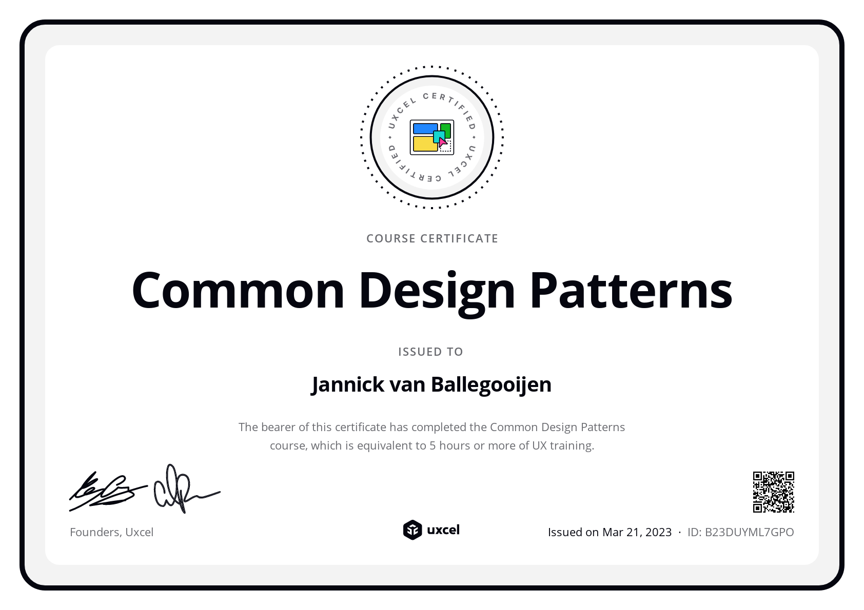 Jannick van Ballegooijen's certificate